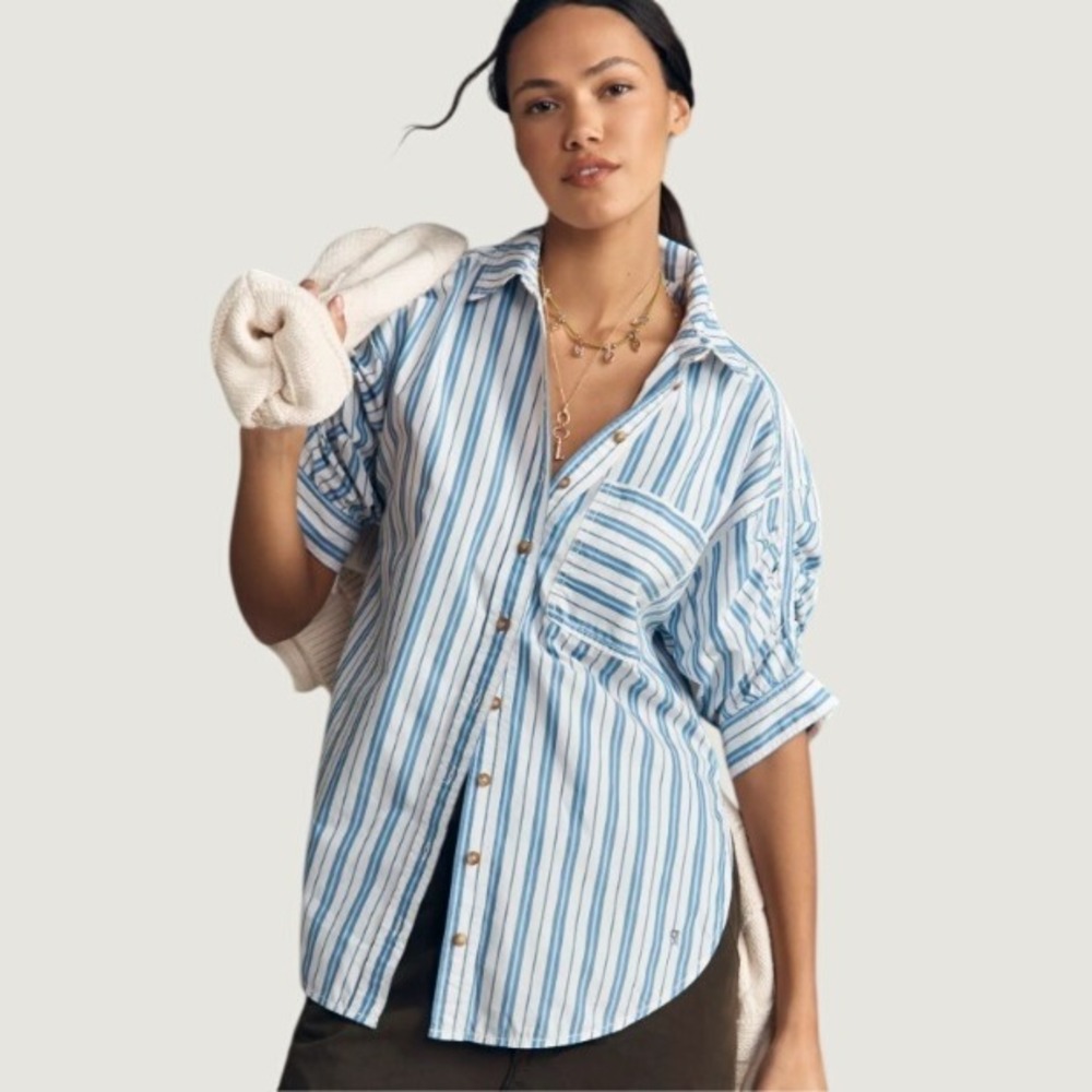 Pilcro Ruched Sleeve Buttondown Shirt Womens XL Blue Striped Cotton Coastal